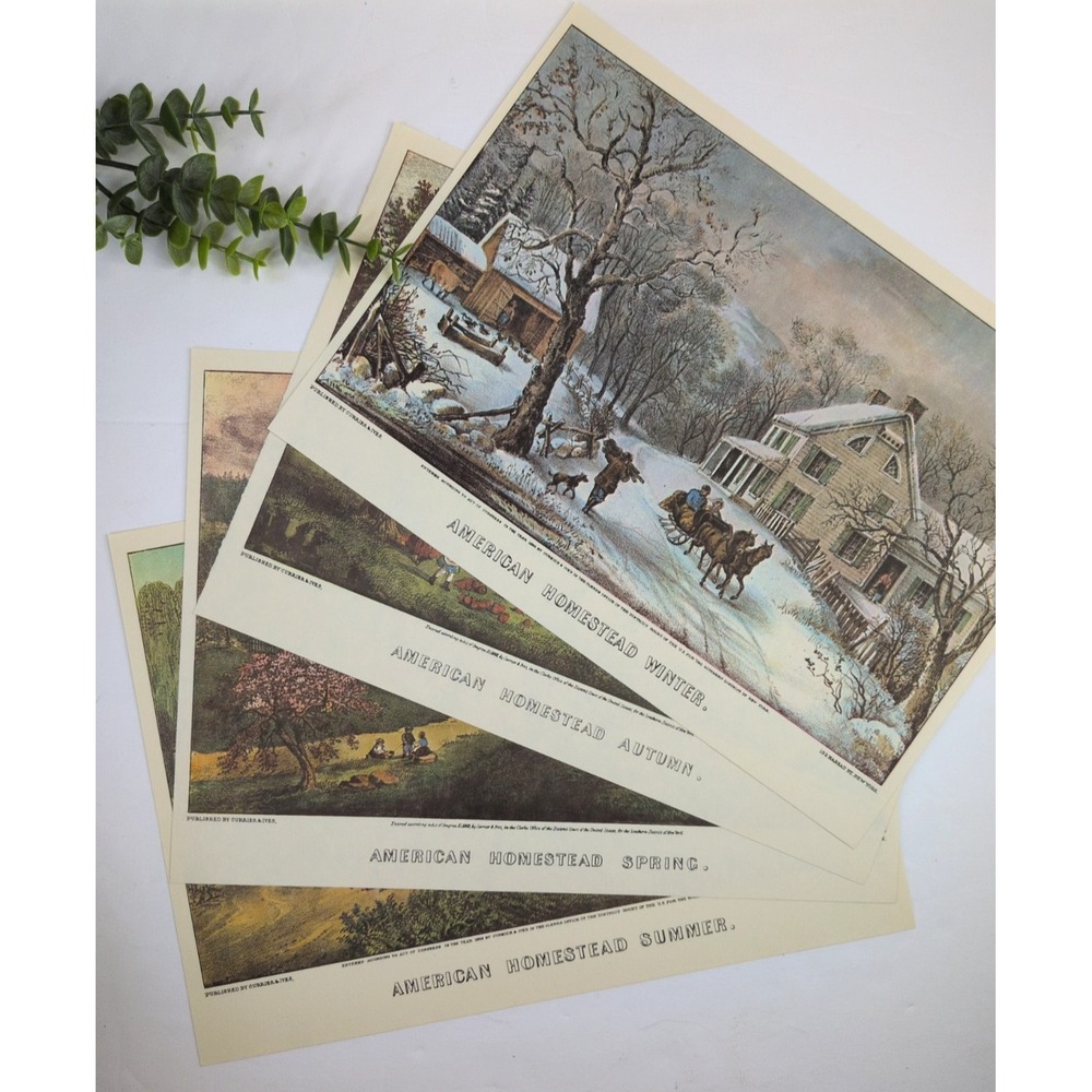 VTG NEW CRISP🌿Currier &Ives American Homestead Prints Seasons Set Decor Artwork